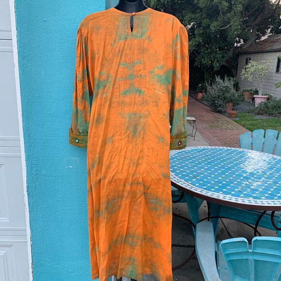 VINTAGE TIE DYE FESTIVAL HIPPIE MIRRORED EMBROIDERED KAFTAN CAFTAN DRESS M/L - Picture 6 of 10